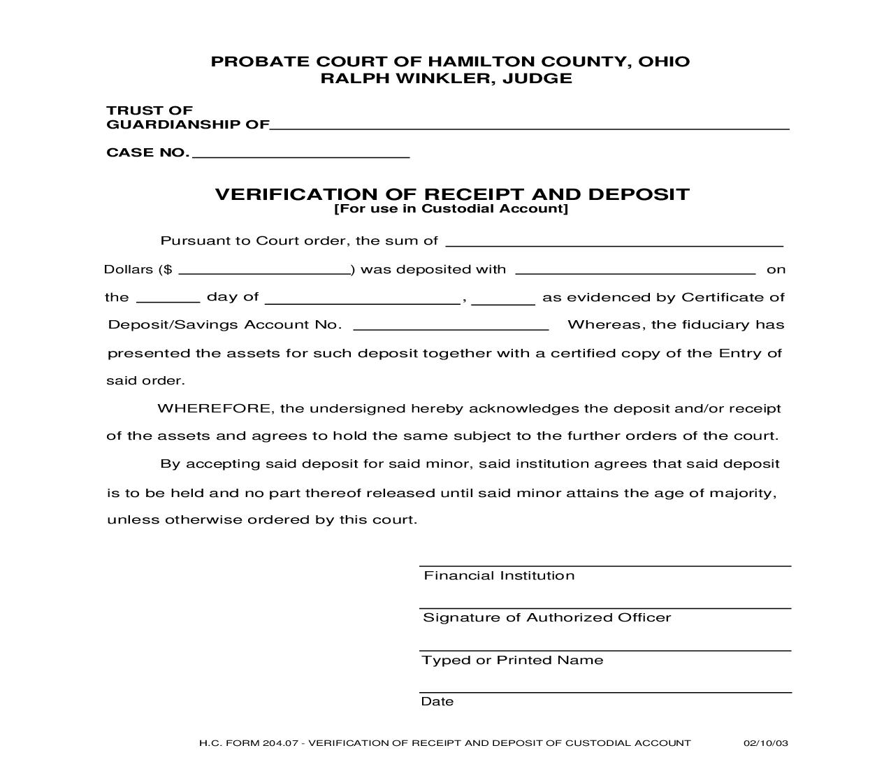 Verification Of Receipt And Deposit For Use In Custodial Account {204.07} | Pdf Fpdf Doc Docx | Ohio