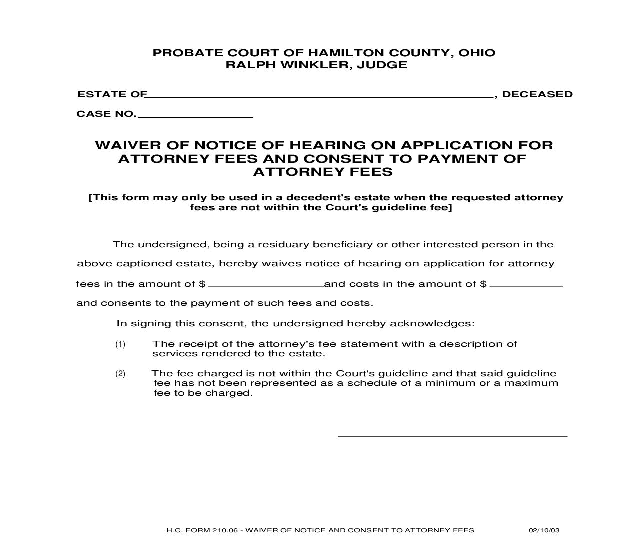 Waiver Of Notice Of Hearing On Application For Attorney Fees And Consent To Payment Of Attorney Fees {210.06} | Pdf Fpdf Doc Docx | Ohio