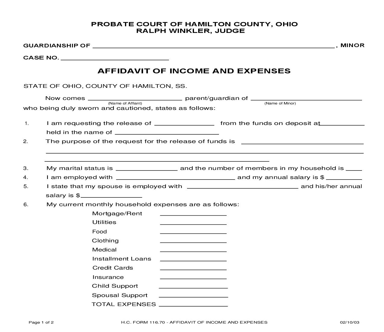 Affidavit Of Income And Expenses {116.70} | Pdf Fpdf Doc Docx | Ohio