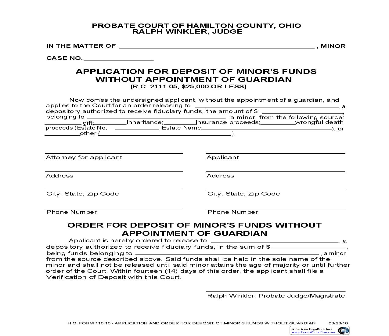 Application For Deposit Of Minors Funds Without Appointment Of Guardian {116.10} | Pdf Fpdf Doc Docx | Ohio
