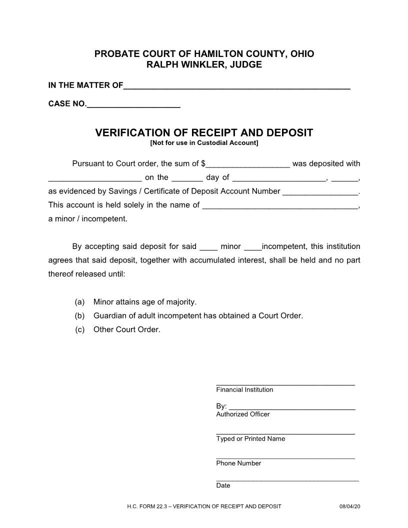 Verification Of Receipt And Deposit {22.3} | Pdf Fpdf Doc Docx | Ohio