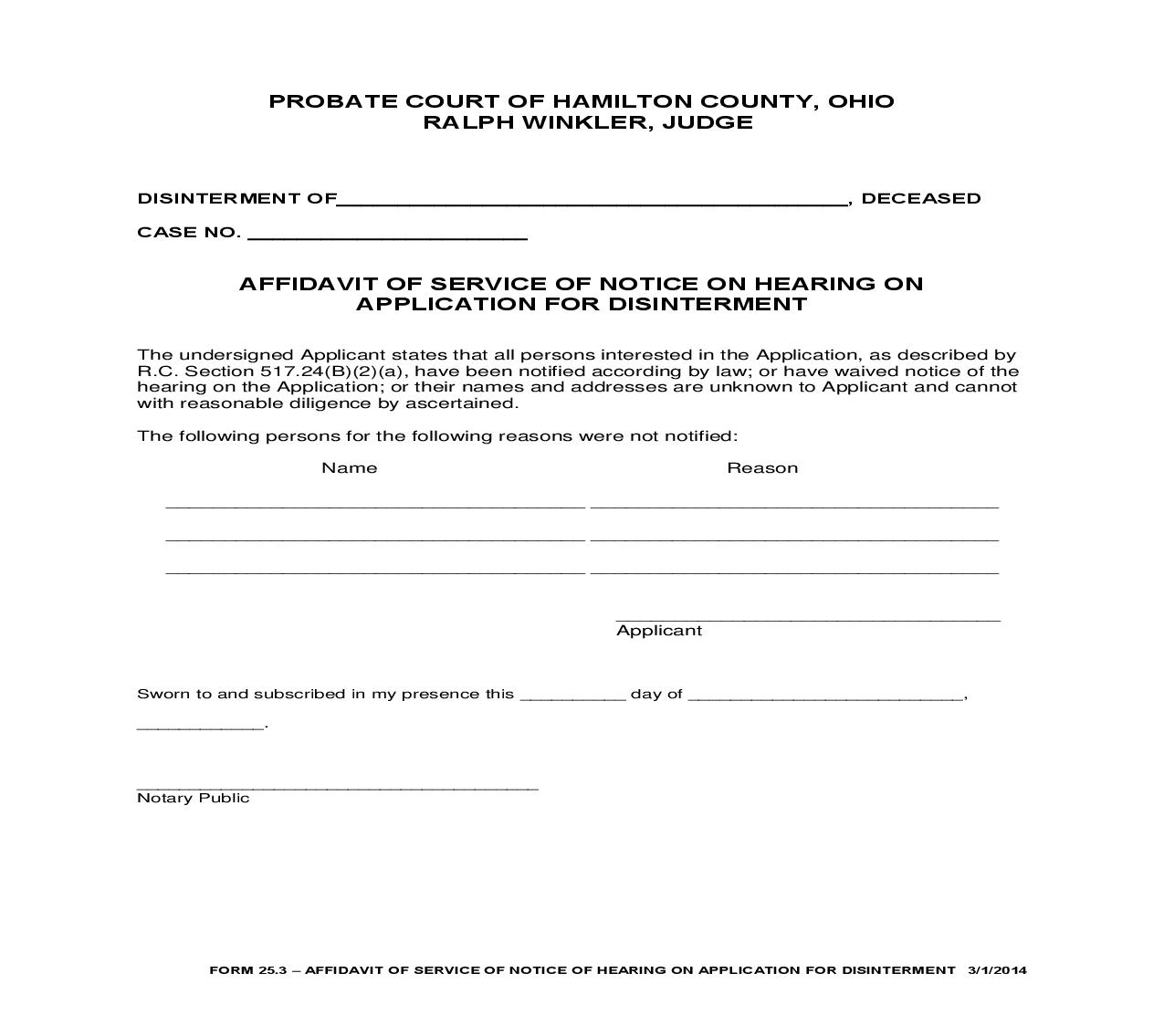 Affidavit Of Service Of Notice Of Hearing On Application For Disinterment {25.3} | Pdf Fpdf Doc Docx | Ohio