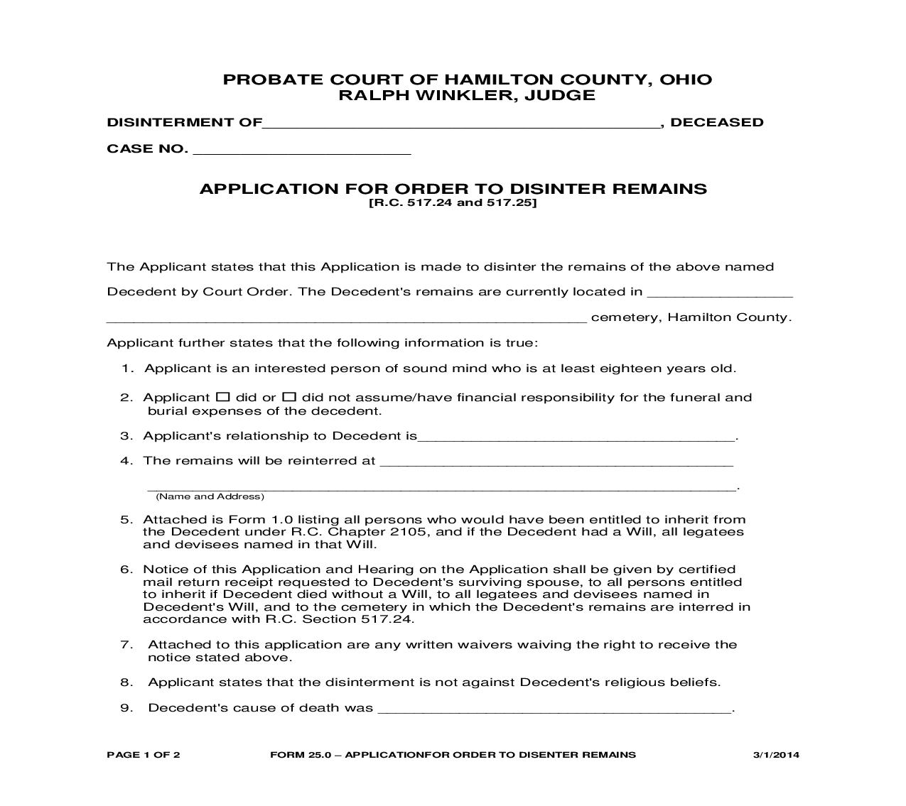 Application For Order To Disinter Remains {25.0} | Pdf Fpdf Doc Docx | Ohio