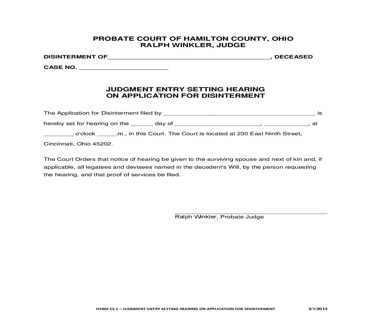 Judgment Entry Setting Hearing On Application To Disinterment {25.1} | Pdf Fpdf Doc Docx | Ohio
