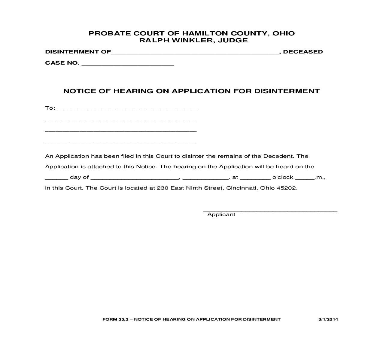 Notice Of Hearing On Application For Disinterment {25.2} | Pdf Fpdf Doc Docx | Ohio