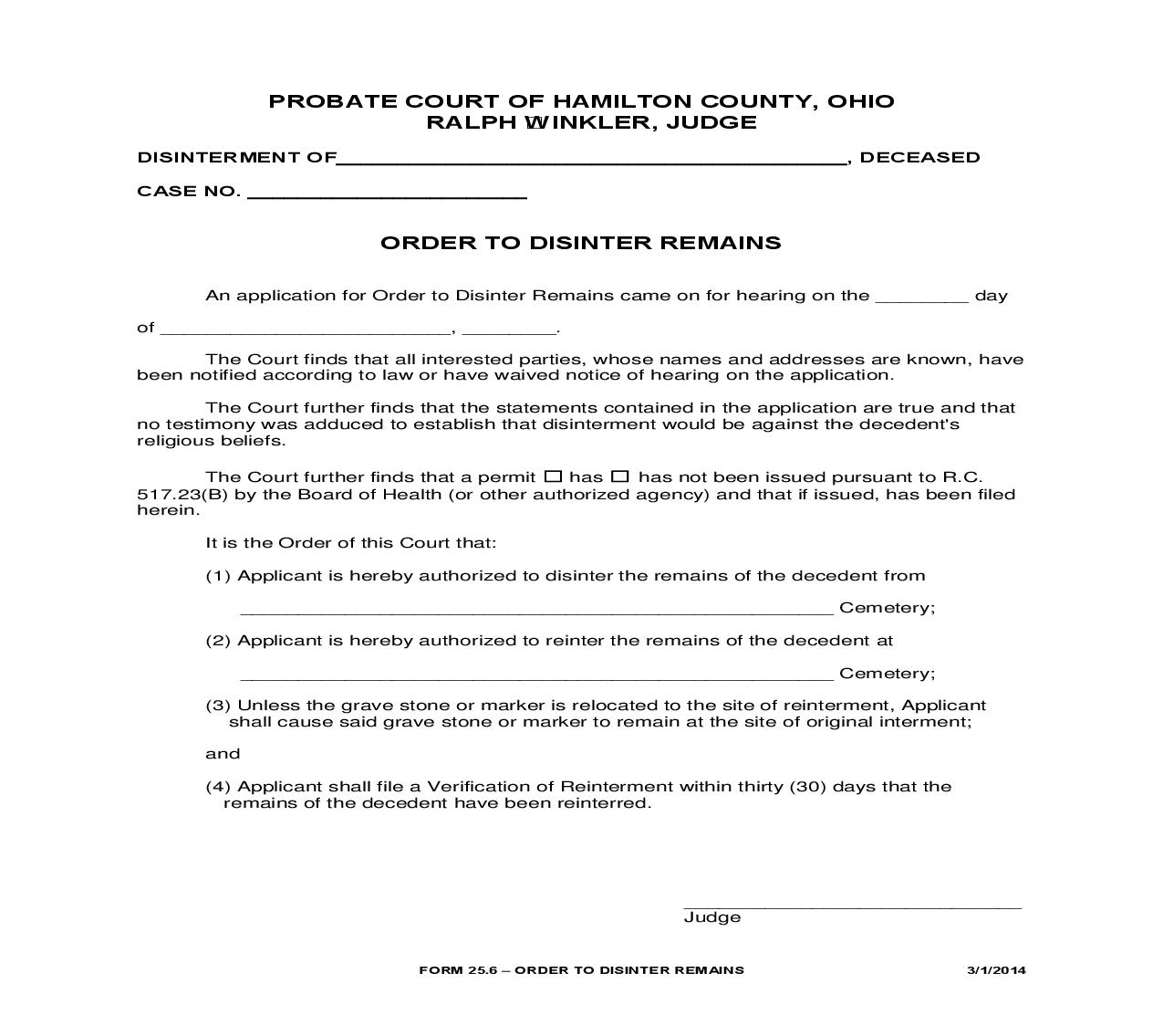 Order To Disinter Remains {25.6} | Pdf Fpdf Doc Docx | Ohio