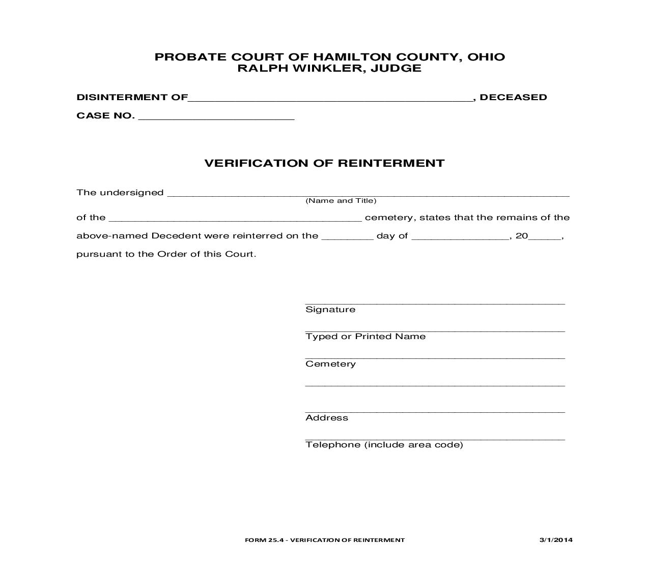 Verification Of Reinterment {25.4} | Pdf Fpdf Doc Docx | Ohio
