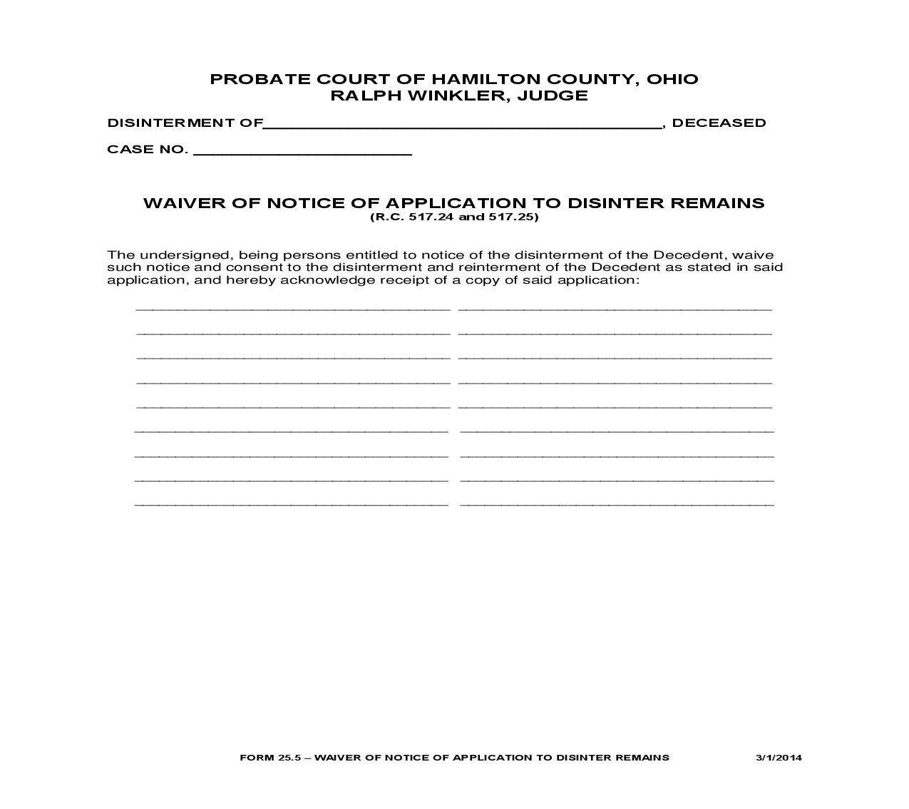 Waiver Of Notice Of Application To Disinter Remains {25.5} | Pdf Fpdf Doc Docx | Ohio