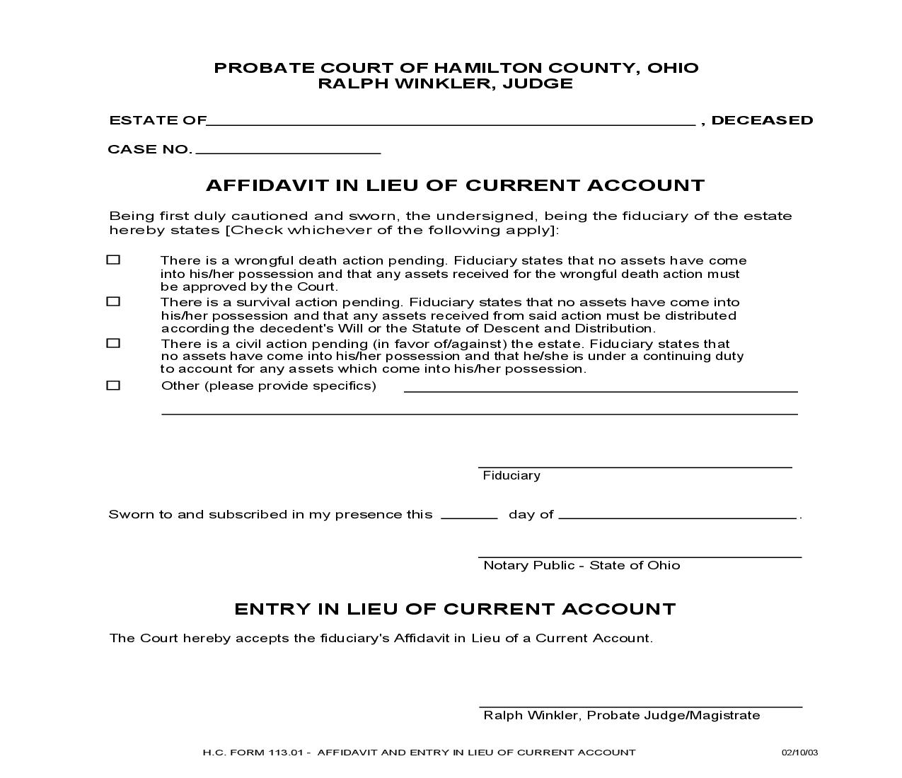 Affidavit And Entry In Lieu Of Current Account {113.01} | Pdf Fpdf Doc Docx | Ohio