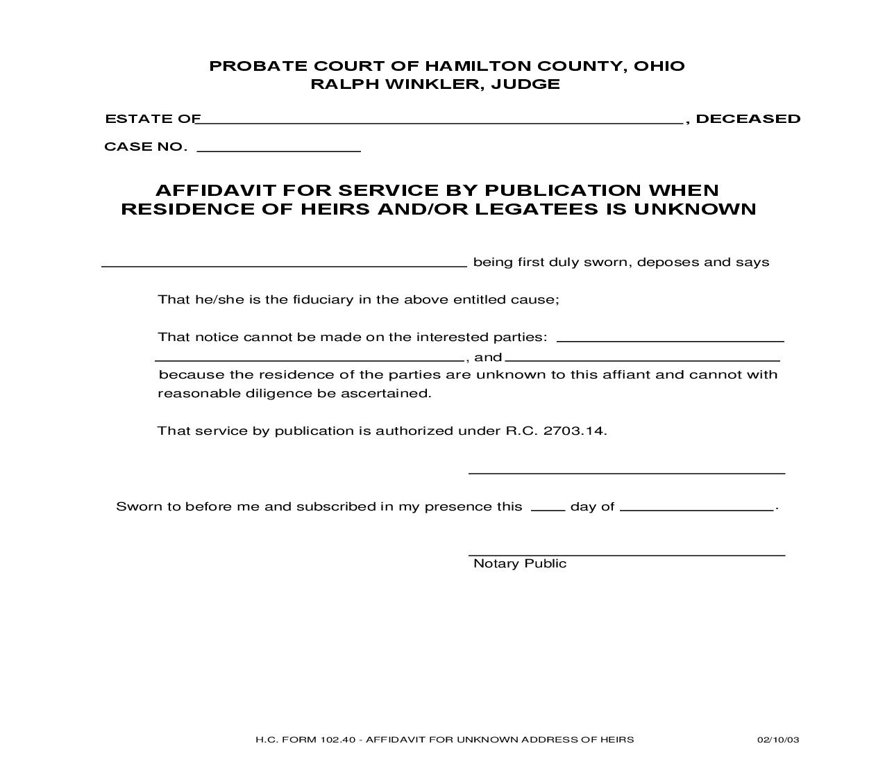 Affidavit For Service By Publication When Residence Of Heirs Legatees Unknown {102.40} | Pdf Fpdf Doc Docx | Ohio