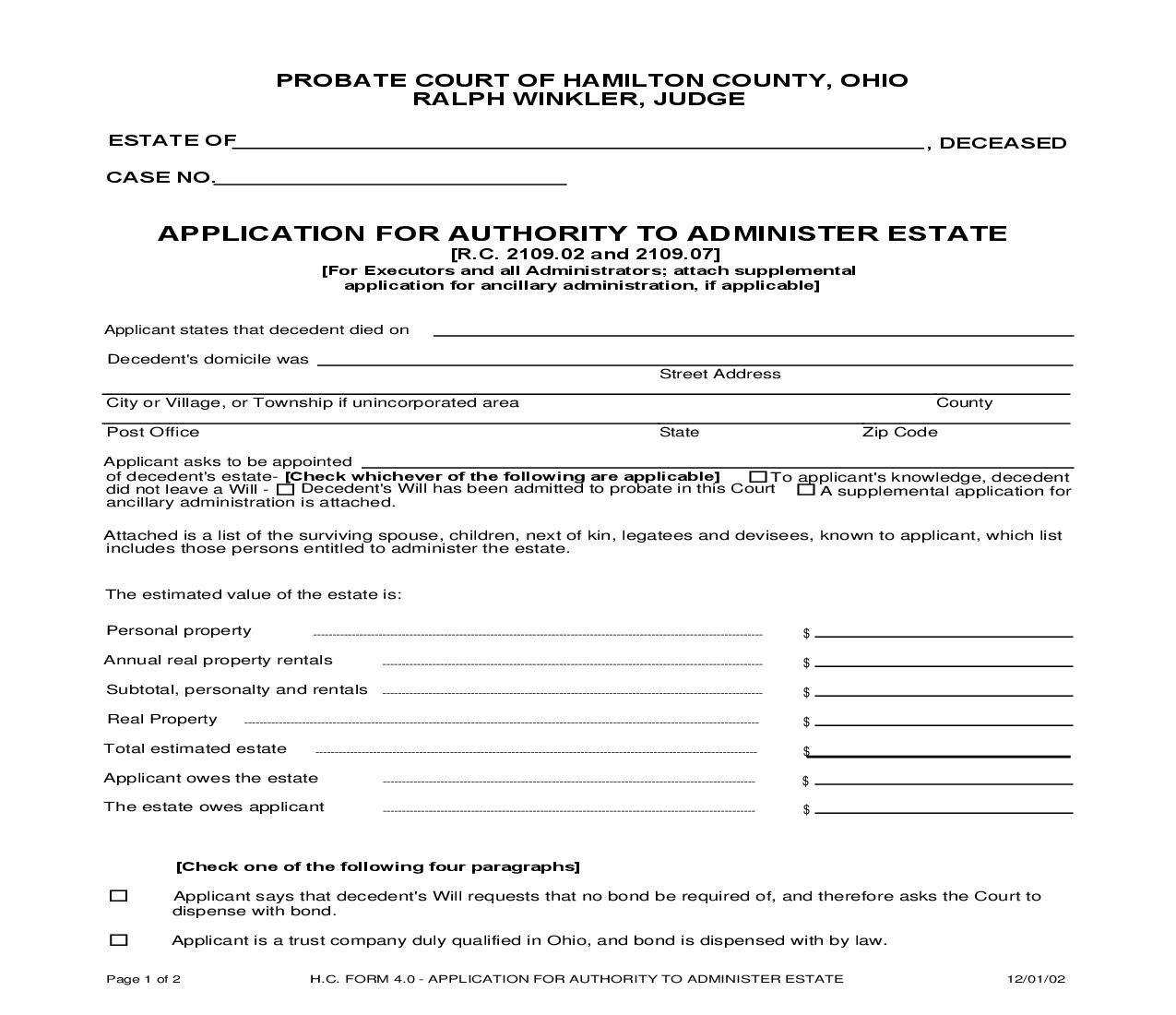 Application For Authority To Administer Estate {4.0} | Pdf Fpdf Doc Docx | Ohio