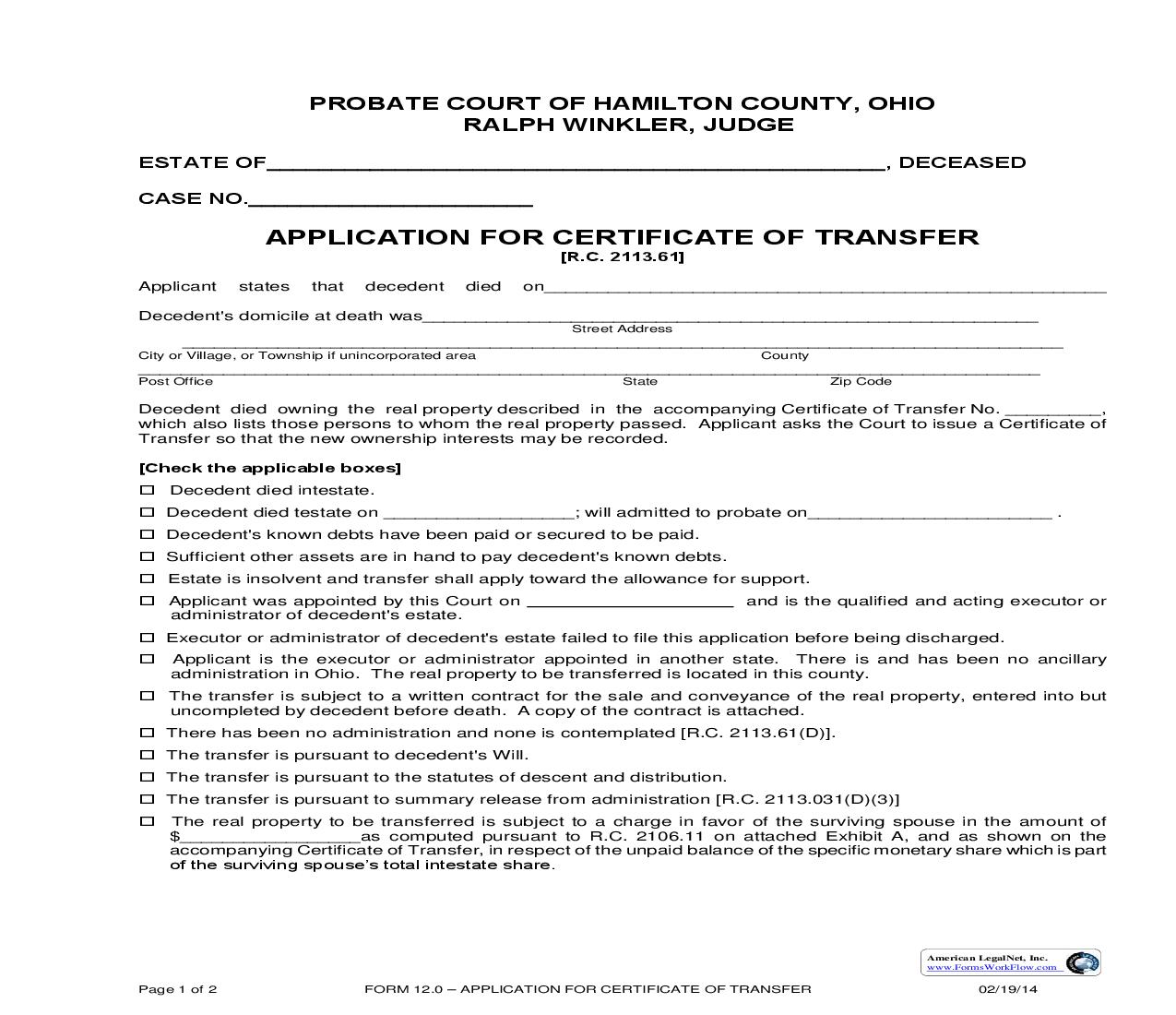 Application For Certificate Of Transfer {12.0} | Pdf Fpdf Doc Docx | Ohio