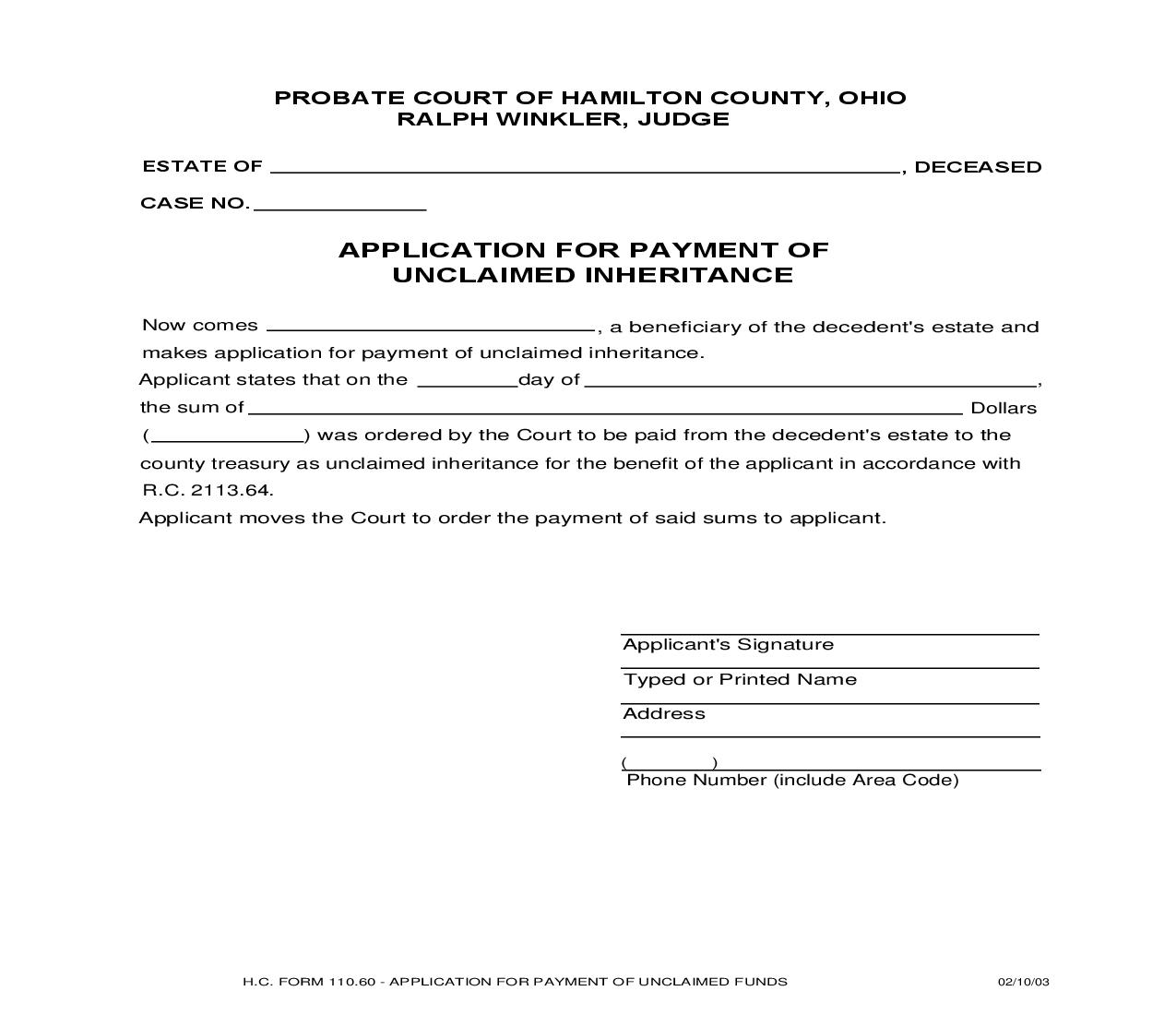 Application For Payment Of Unclaimed Inheritance {110.60} | Pdf Fpdf Doc Docx | Ohio