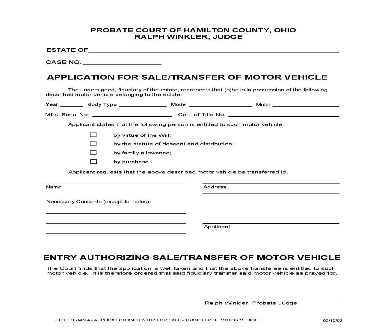 Application For Sale Transfer Of Motor Vehicle {9.4} | Pdf Fpdf Doc Docx | Ohio