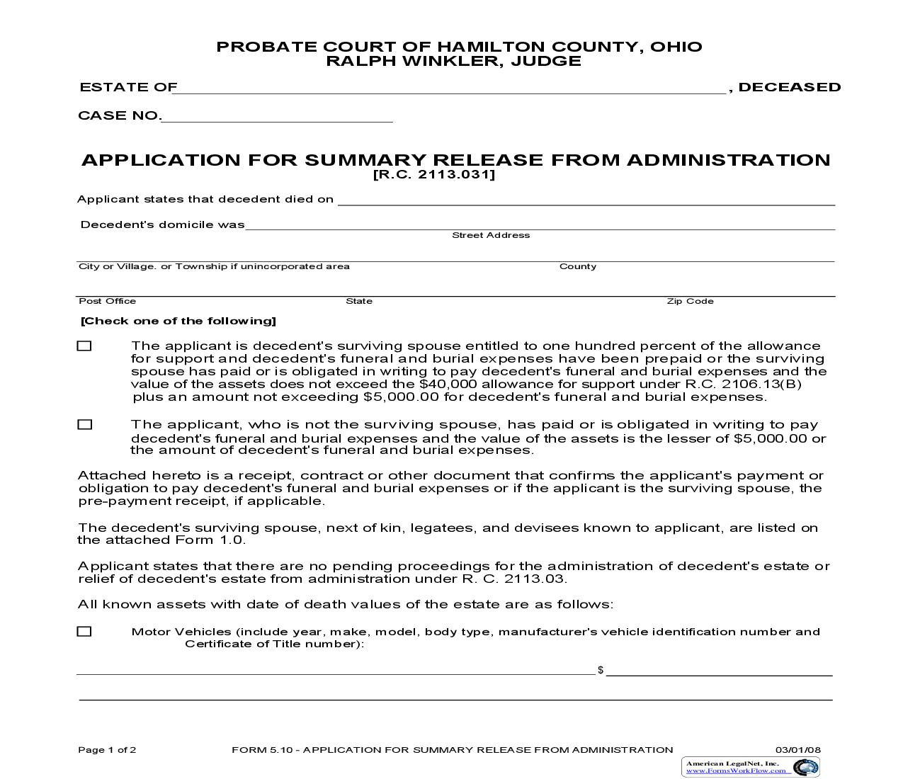 Application For Summary Release From Administration {5.10} | Pdf Fpdf Doc Docx | Ohio