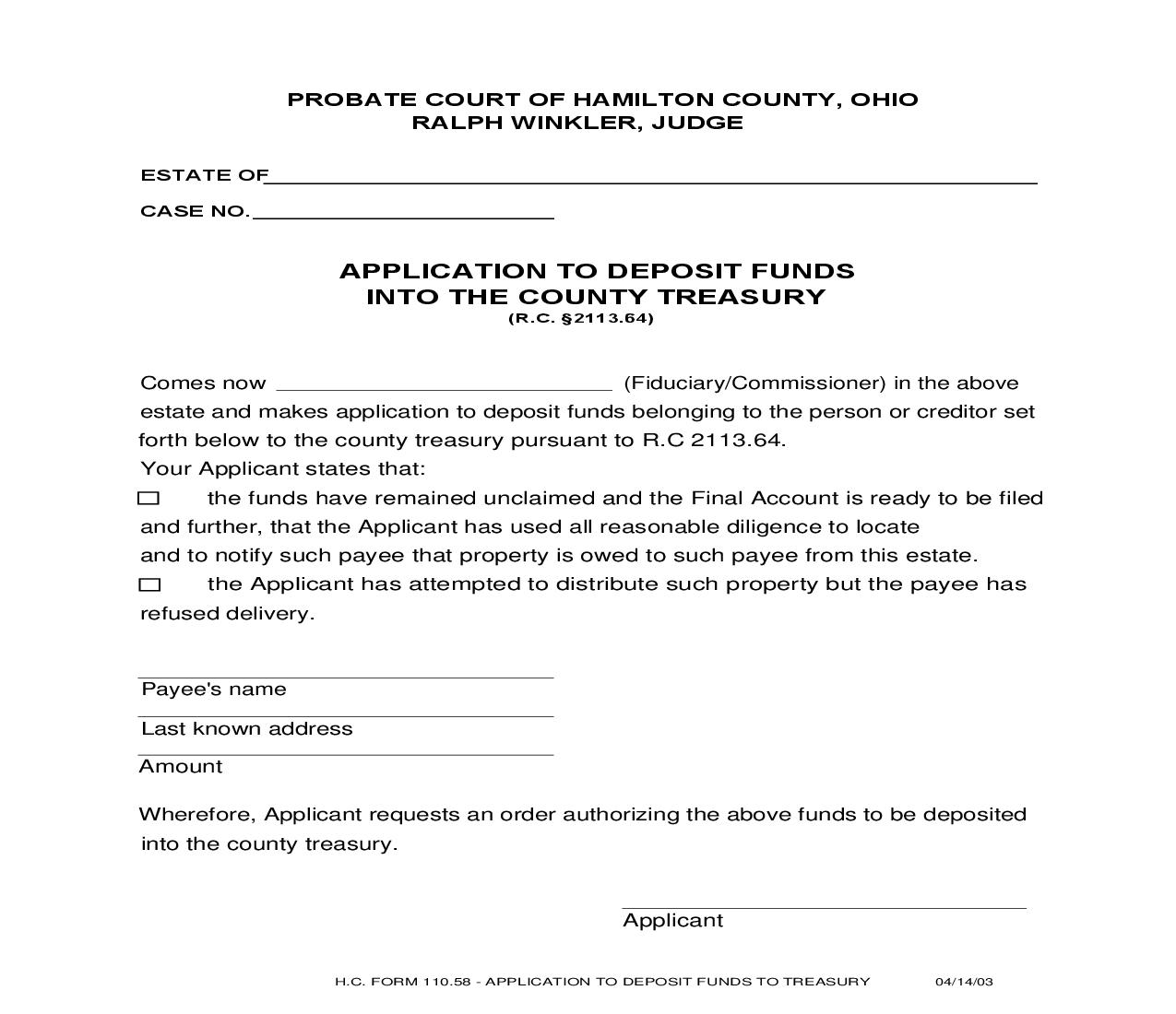 Application To Deposit Funds Into The County Treasury {110.58} | Pdf Fpdf Doc Docx | Ohio
