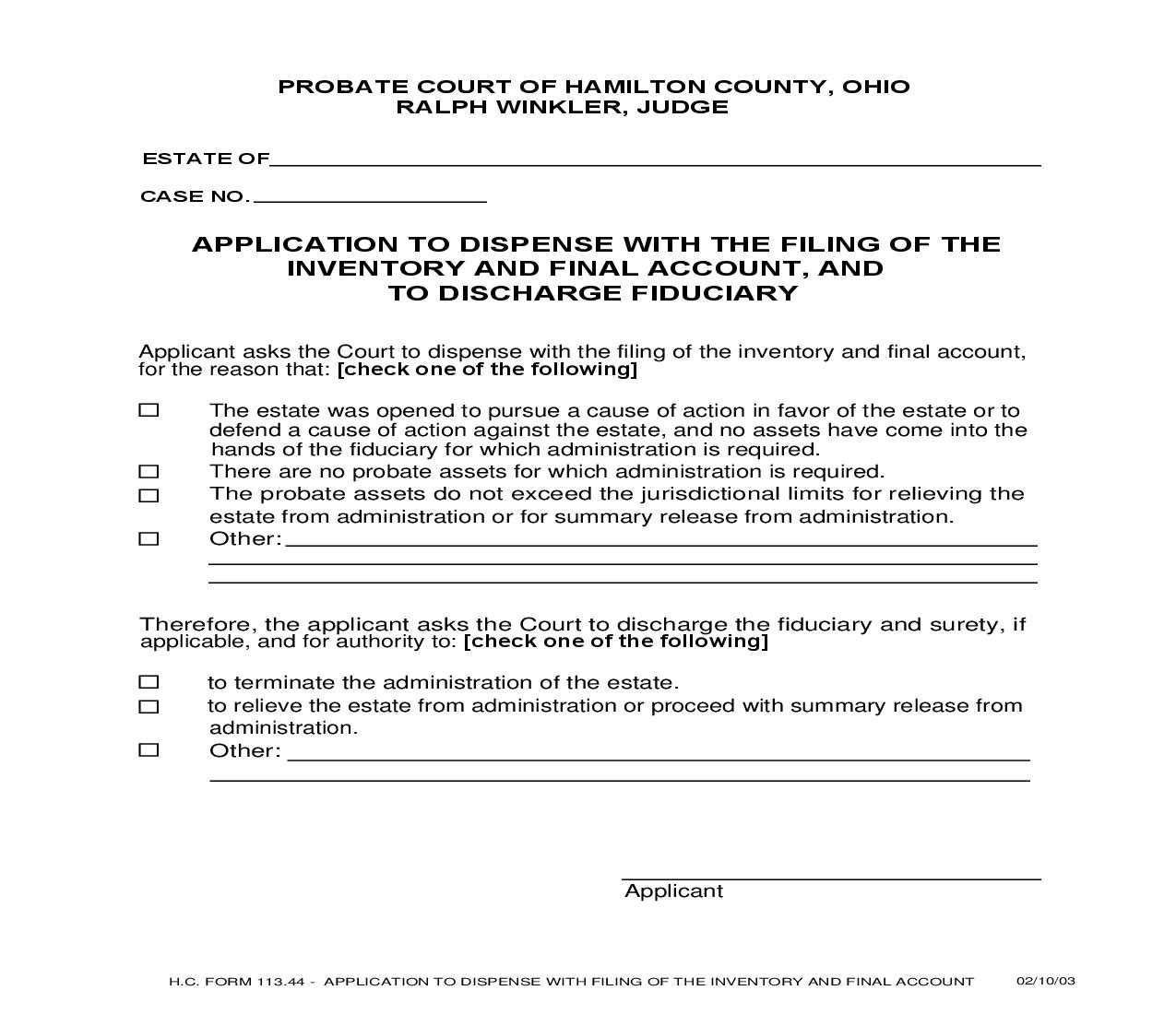 Application To Dispense With Filing Of Inventory And Final Account And Discharge Fiduciary {113.44} | Pdf Fpdf Doc Docx | Ohio