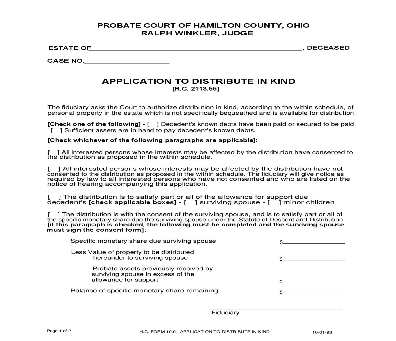 Application To Distribute In Kind {10.0} | Pdf Fpdf Doc Docx | Ohio