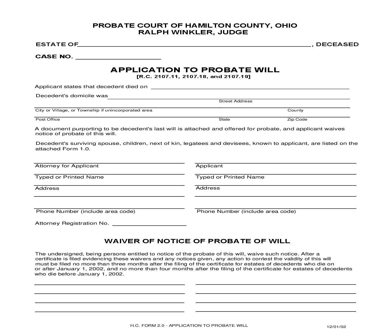 Application To Probate Will {2.0} | Pdf Fpdf Doc Docx | Ohio