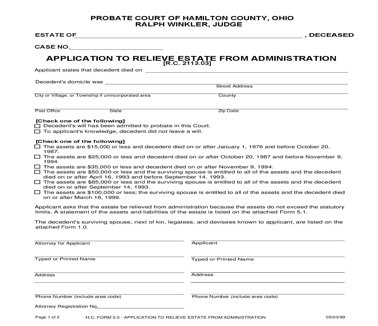 Application To Relieve Estate From Administration {5.0} | Pdf Fpdf Doc Docx | Ohio