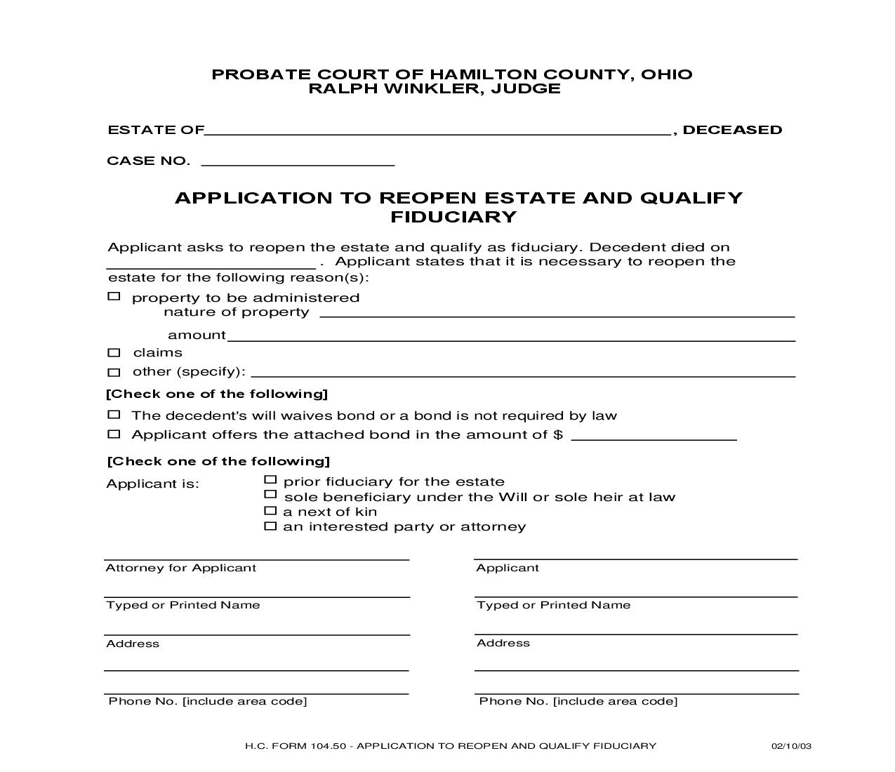 Application To Reopen Estate And Qualify Fiduciary {104.50} | Pdf Fpdf Doc Docx | Ohio