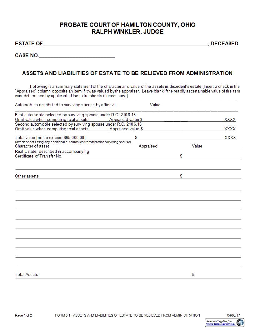 Assets And Liabilities Of Estate To Be Relieved From Administration {5.1} | Pdf Fpdf Docx | Ohio