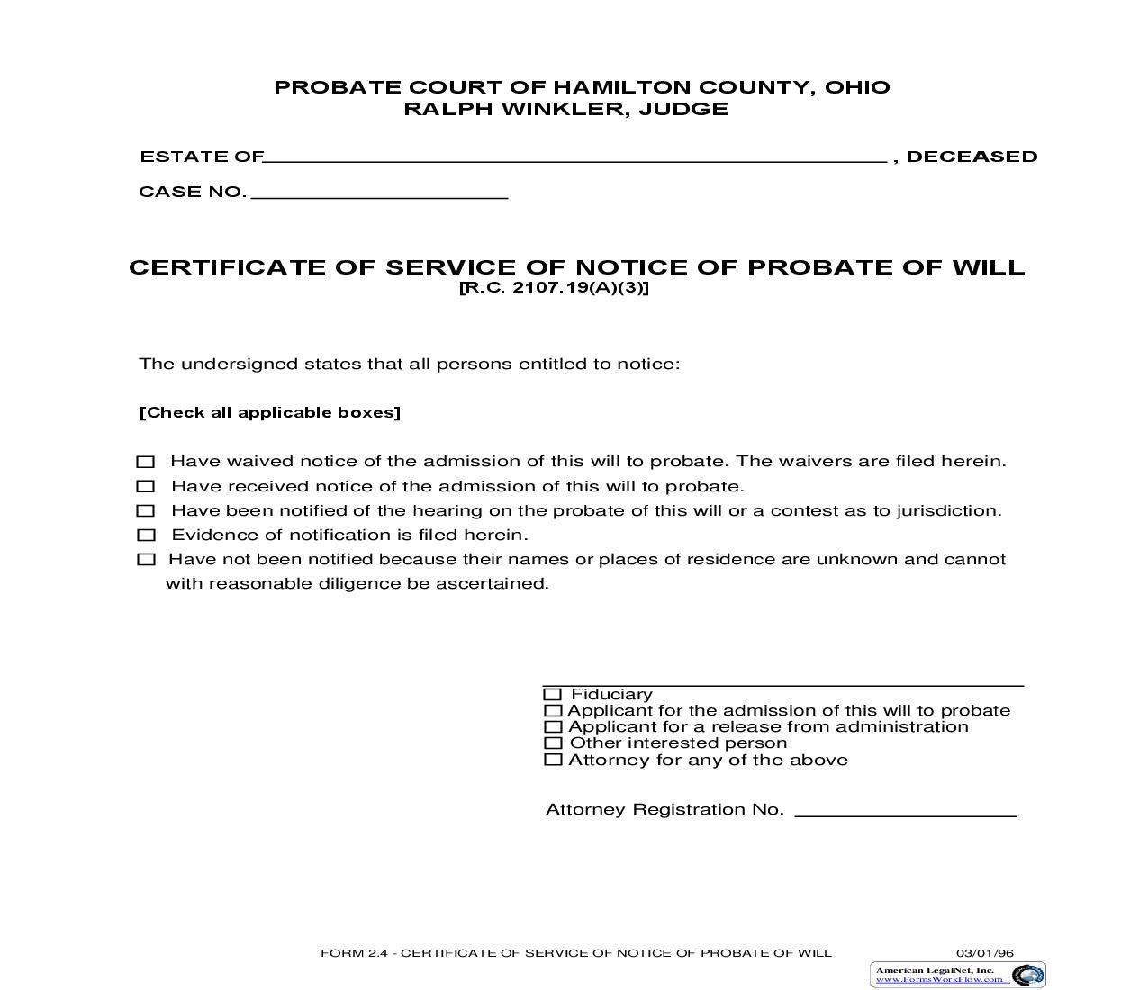 Certificate Of Service Of Notice Of Probate Of Will {2.4} | Pdf Fpdf Doc Docx | Ohio