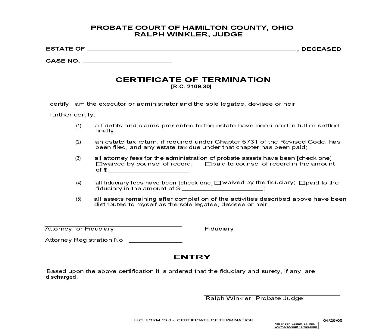 Certificate Of Termination {13.6} | Pdf Fpdf Doc Docx | Ohio