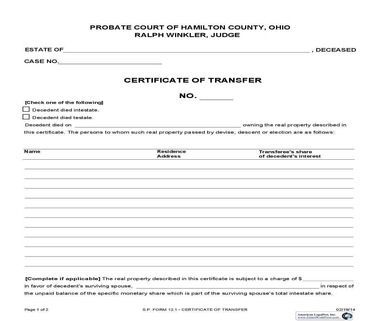 Certificate Of Transfer {12.1} | Pdf Fpdf Doc Docx | Ohio