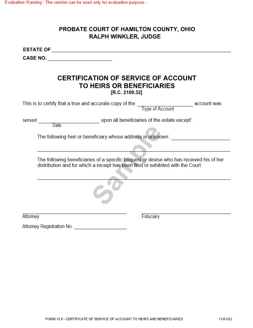 Certification Of Service Of Account To Heirs Or Beneficiaries {13.9} | Pdf Fpdf Doc Docx | Ohio