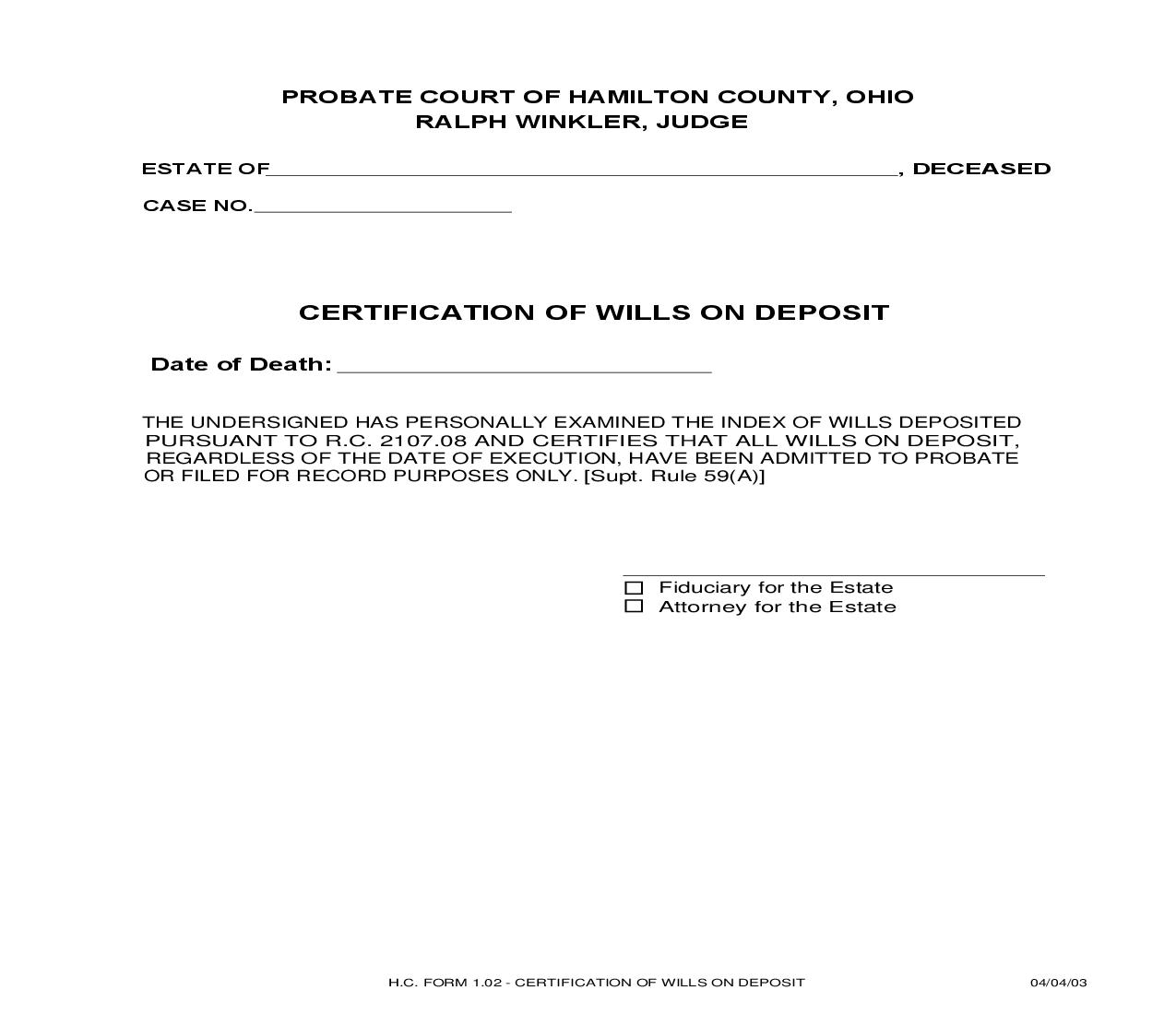 Certification Of Wills On Deposit {1.02} | Pdf Fpdf Doc Docx | Ohio