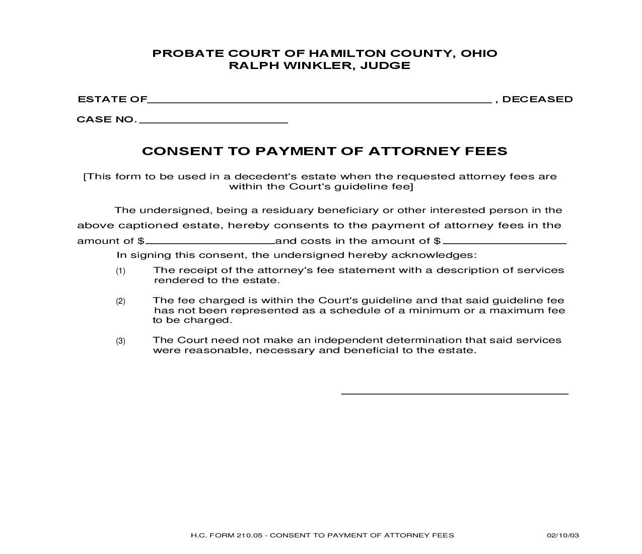 Consent To Payment Of Attorneys Fees {210.05} | Pdf Fpdf Doc Docx | Ohio