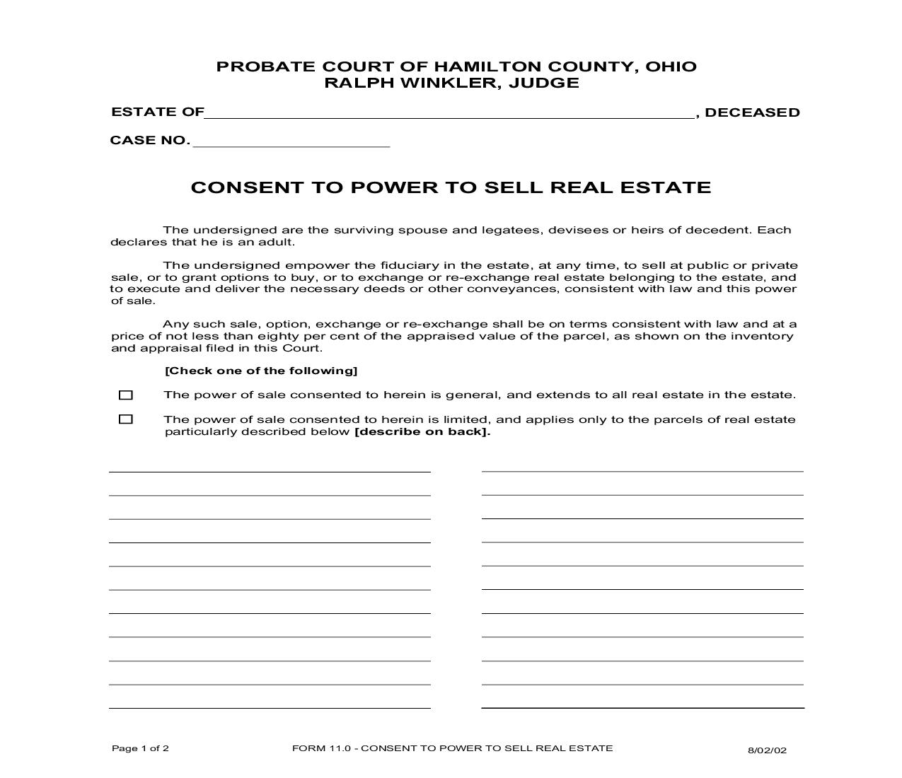 Consent To Power To Sell Real Estate {11.0} | Pdf Fpdf Doc Docx | Ohio