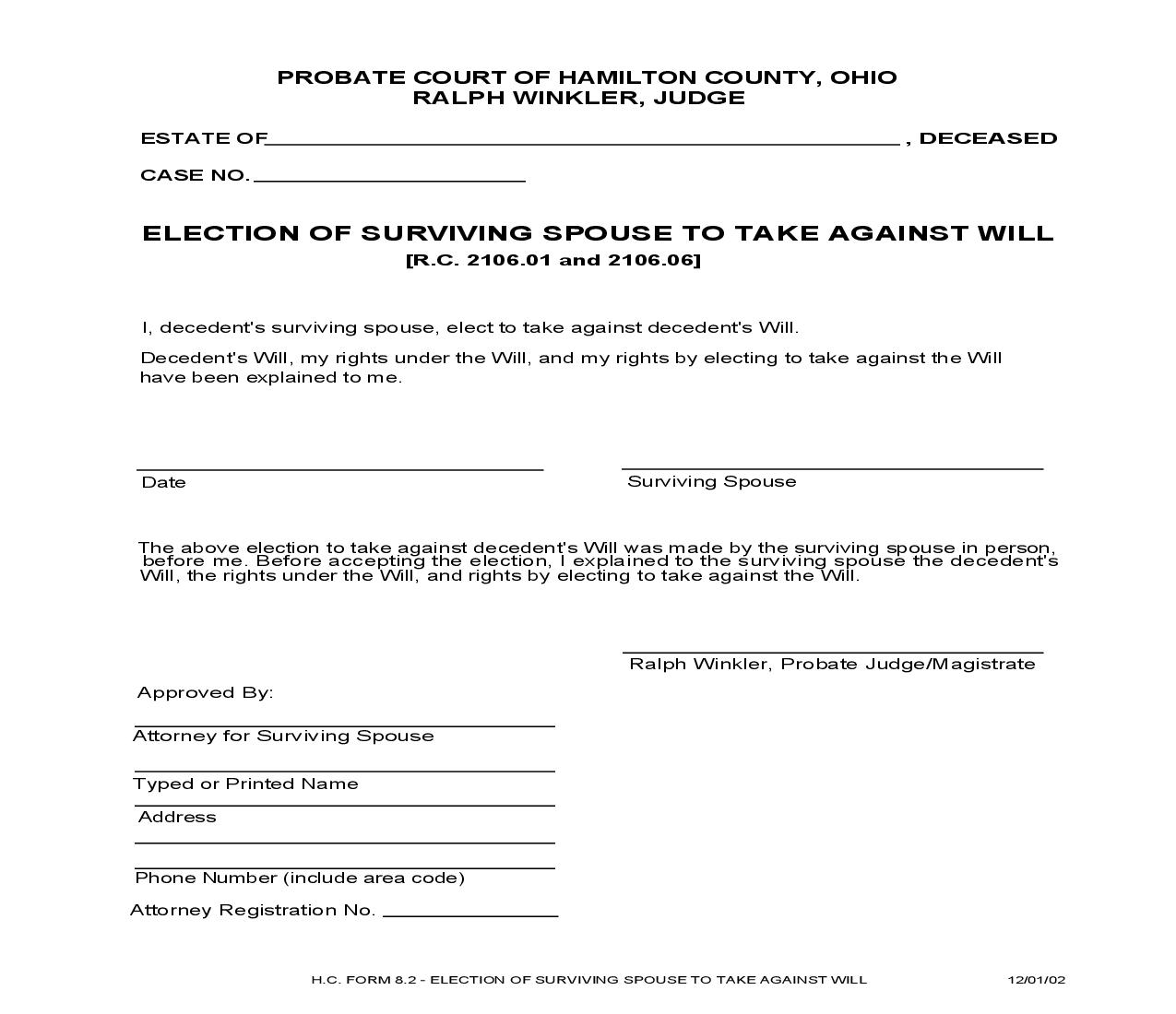 Election Of Surviving Spouse To Take Against Will {8.2} | Pdf Fpdf Doc Docx | Ohio