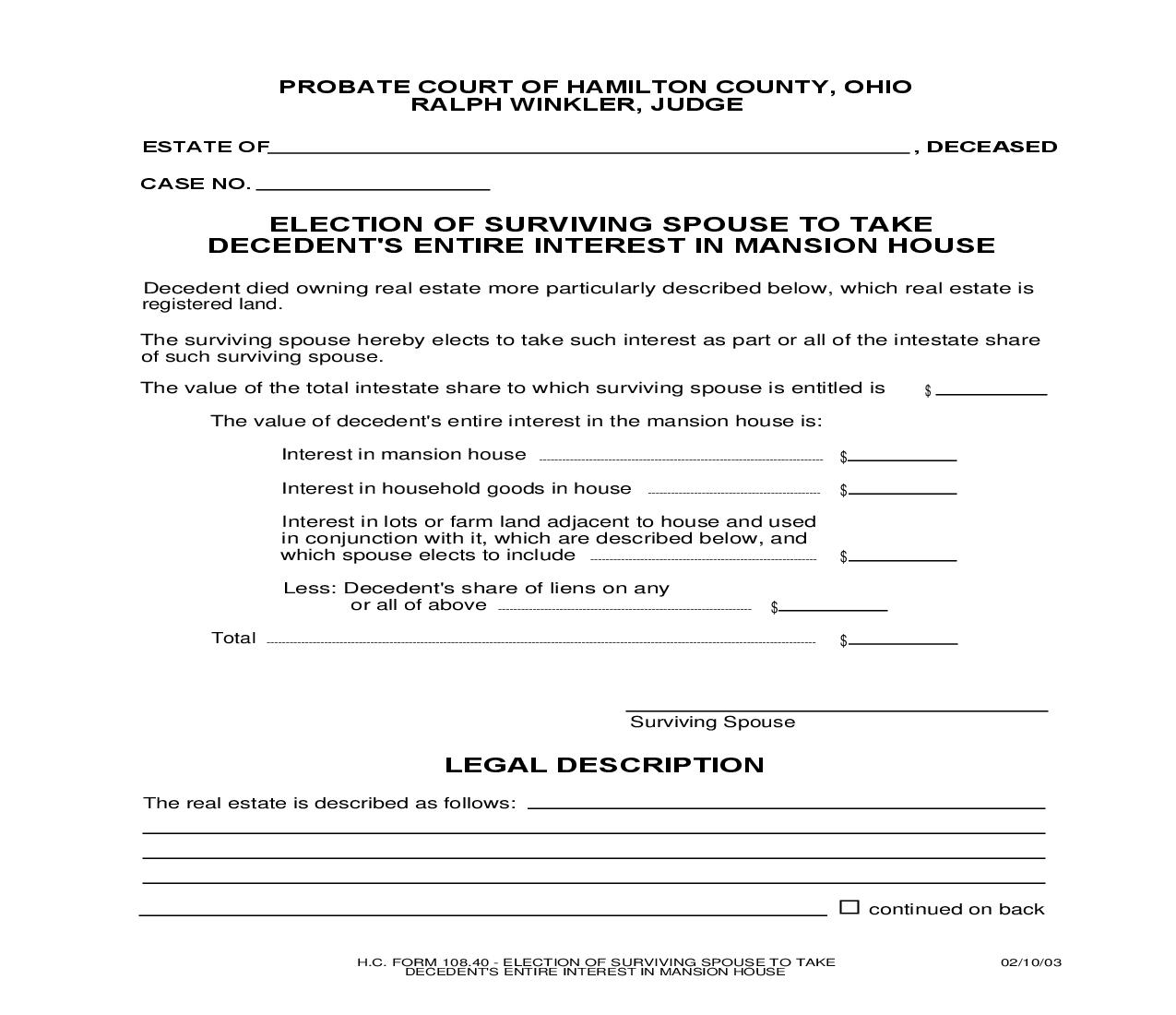 Election Of Surviving Spouse To Take Decedents Entire Interest In Mansion House {108.40} | Pdf Fpdf Doc Docx | Ohio