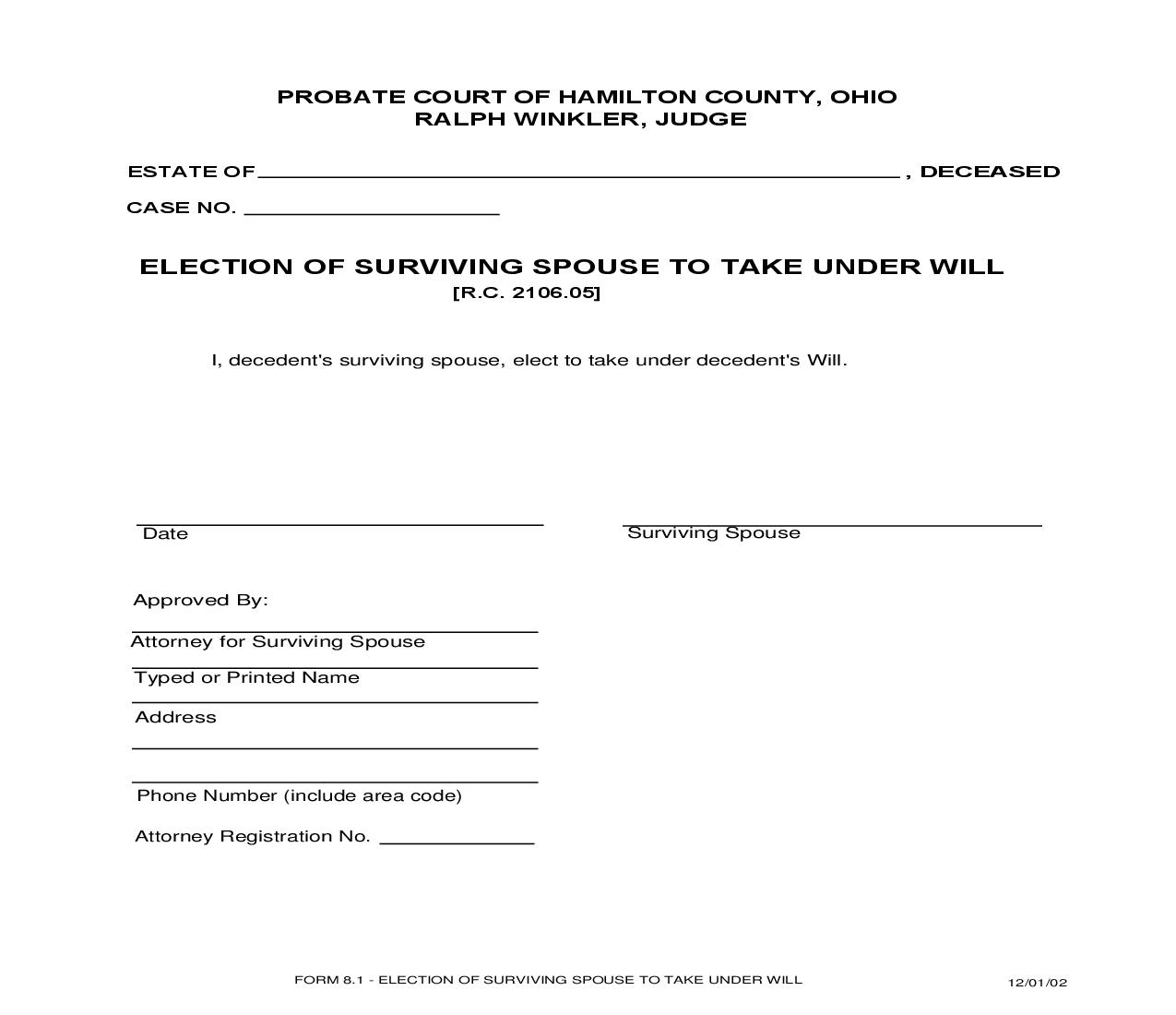Election Of Surviving Spouse To Take Under Will {8.1} | Pdf Fpdf Doc Docx | Ohio