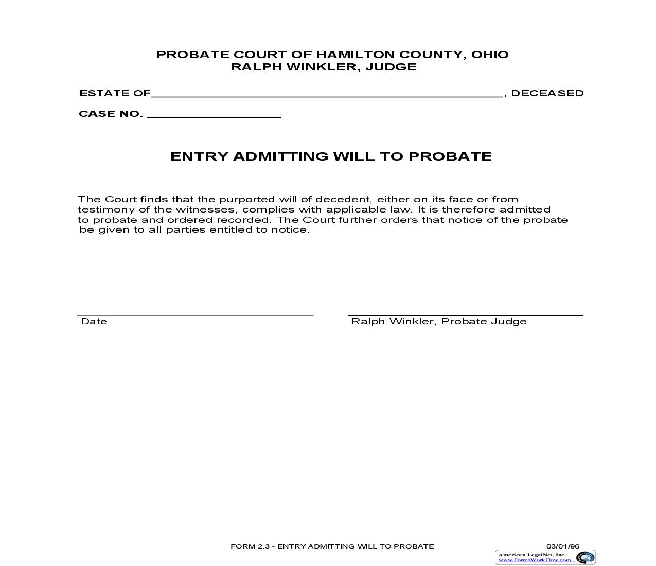 Entry Admitting Will To Probate {2.3} | Pdf Fpdf Doc Docx | Ohio