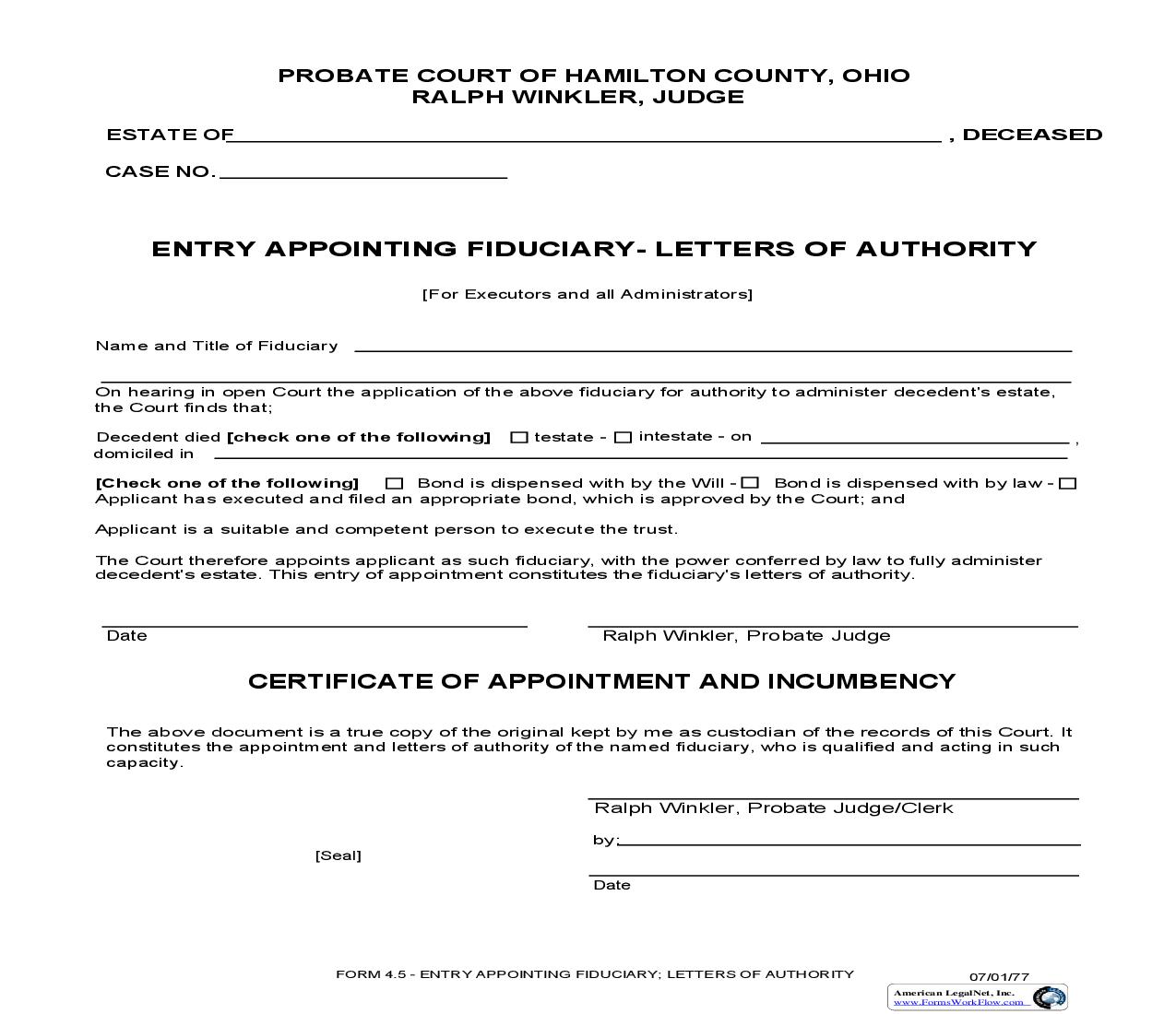 Entry Appointing Fiduciary Letters Of Authority {4.5} | Pdf Fpdf Doc Docx | Ohio
