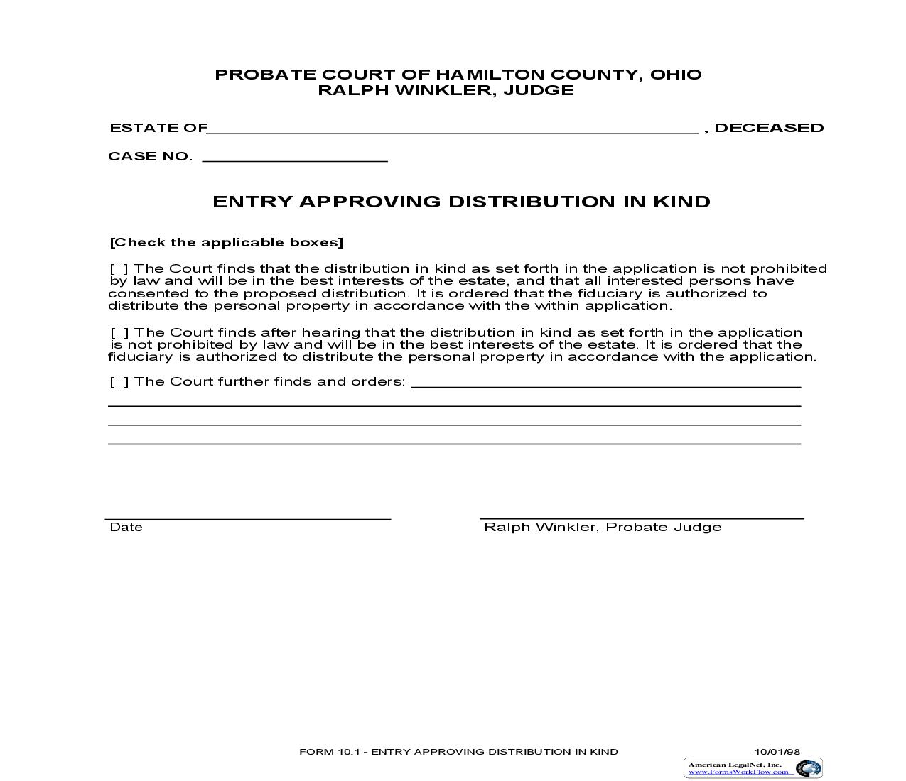 Entry Approving Distribution In Kind {10.1} | Pdf Fpdf Doc Docx | Ohio