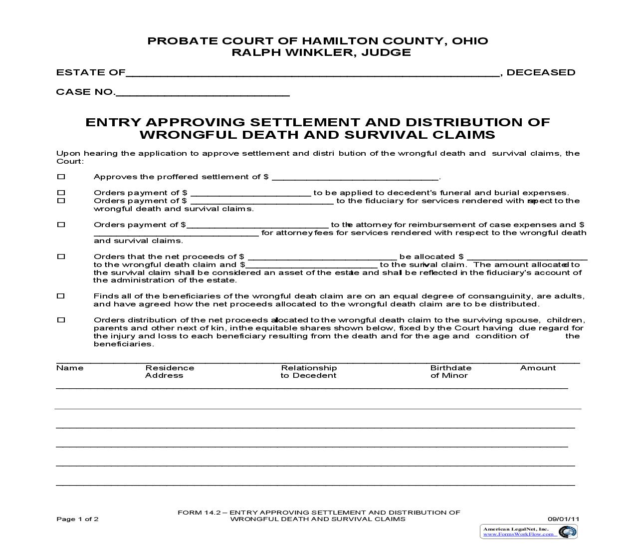 Entry Approving Settlement And Distribution Of Wrongful Death And Survival Claims {14.2} | Pdf Fpdf Doc Docx | Ohio