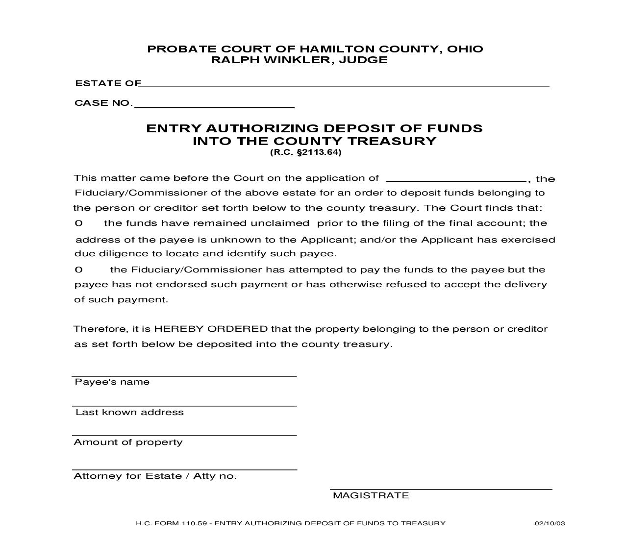 Entry Authorizing Deposit Of Funds Into The County Treasury {110.59} | Pdf Fpdf Doc Docx | Ohio