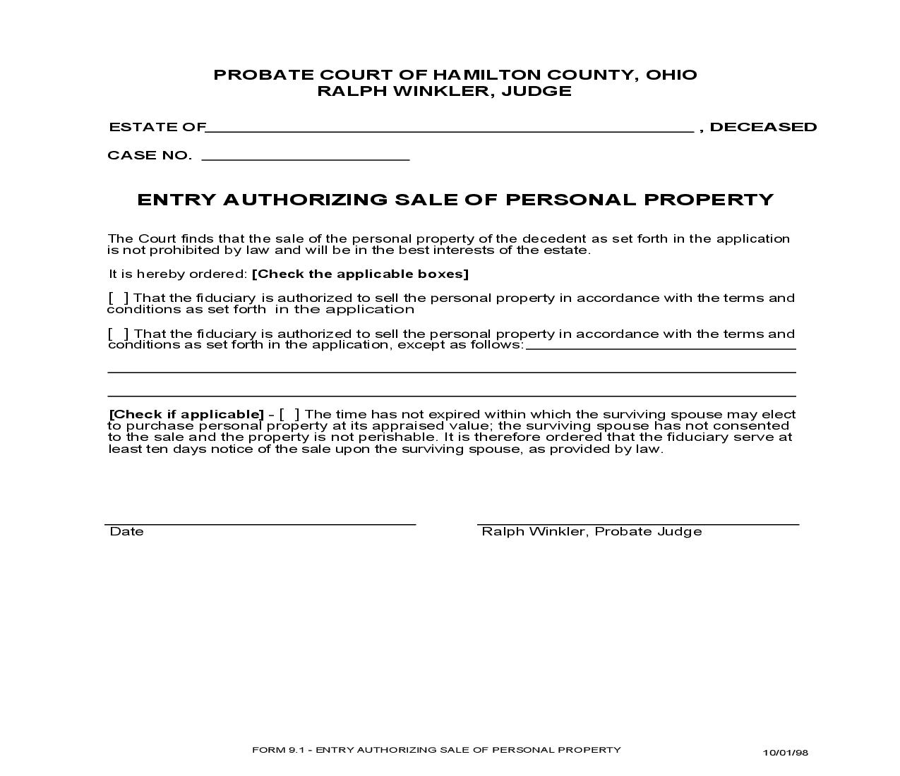Entry Authorizing Sale Of Personal Property {9.1} | Pdf Fpdf Doc Docx | Ohio