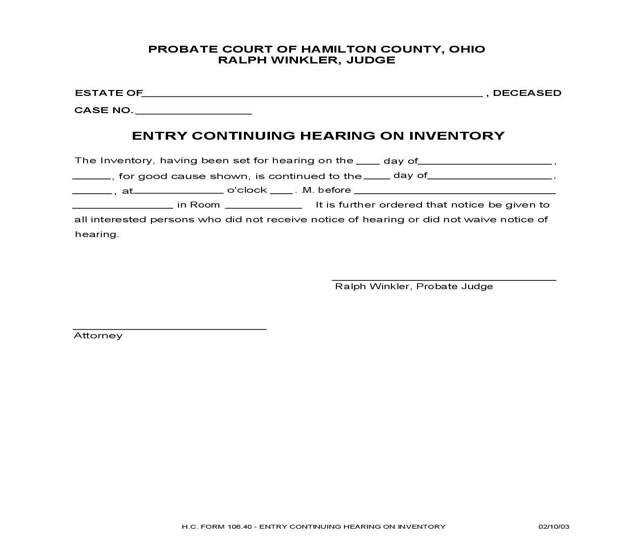 Entry Continuing Hearing On Inventory {106.40} | Pdf Fpdf Doc Docx | Ohio