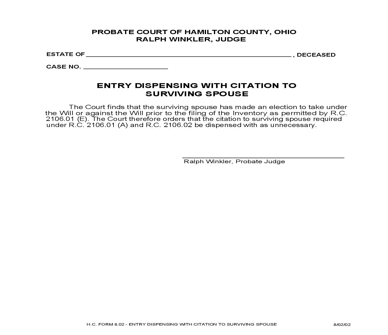 Entry Dispensing With Citation To Surviving Spouse {8.02} | Pdf Fpdf Doc Docx | Ohio