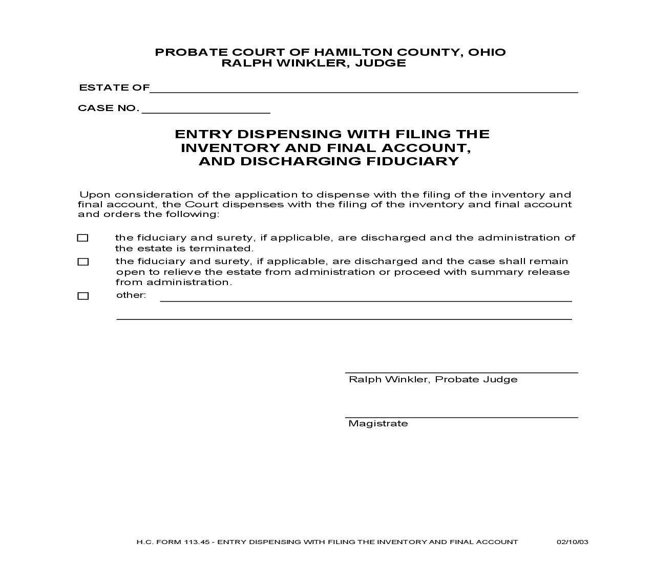 Entry Dispensing With Filing Inventory And Final Account And Discharging Fiduciary {113.45} | Pdf Fpdf Doc Docx | Ohio