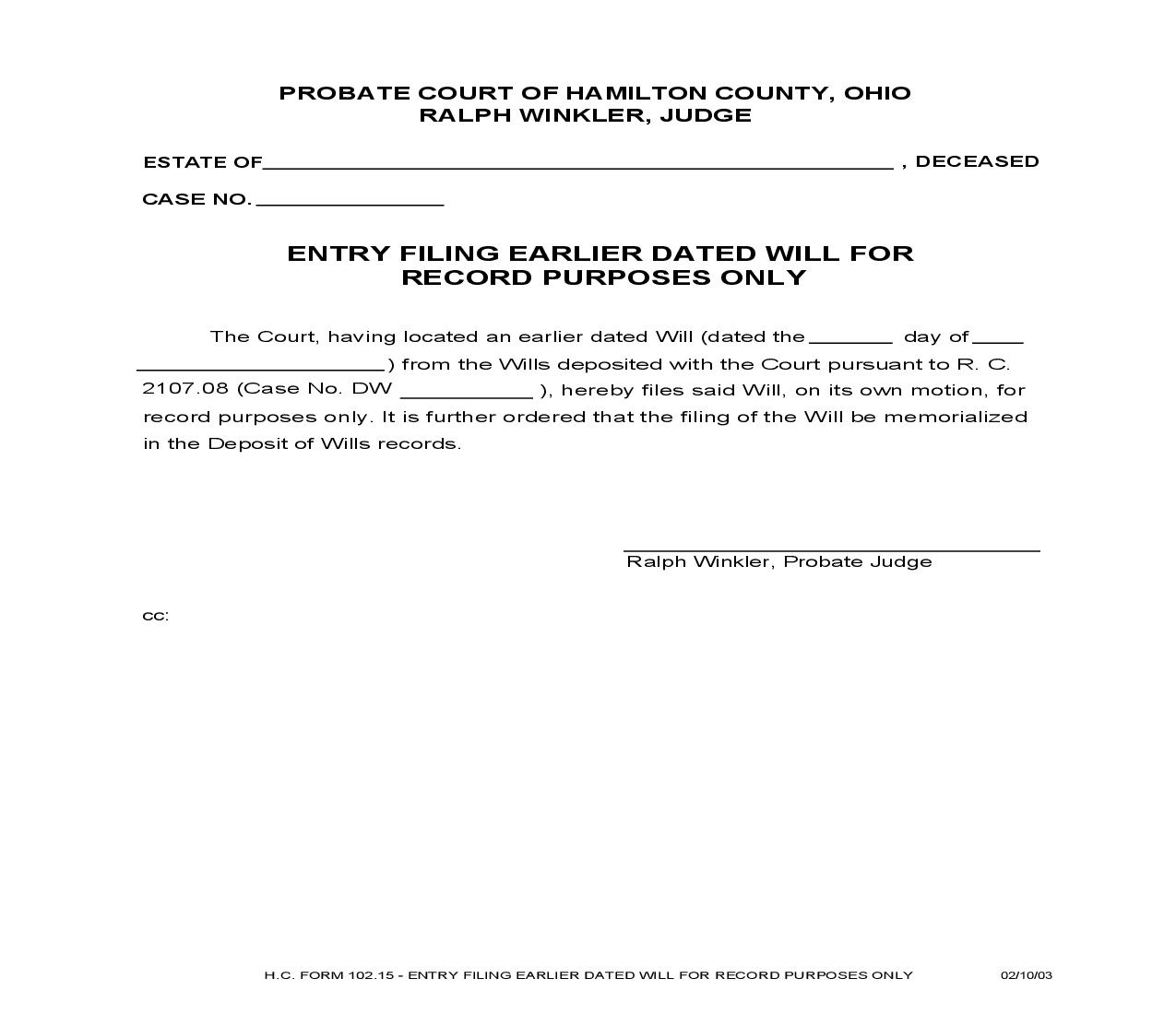 Entry Filing Earlier Dated Will For Record Purposes Only {102.15} | Pdf Fpdf Doc Docx | Ohio