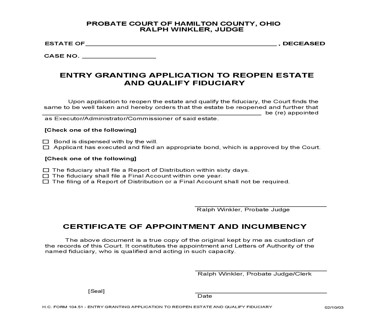 Entry Granting Application To Reopen Estate And Qualify Fiduciary {104.51} | Pdf Fpdf Doc Docx | Ohio