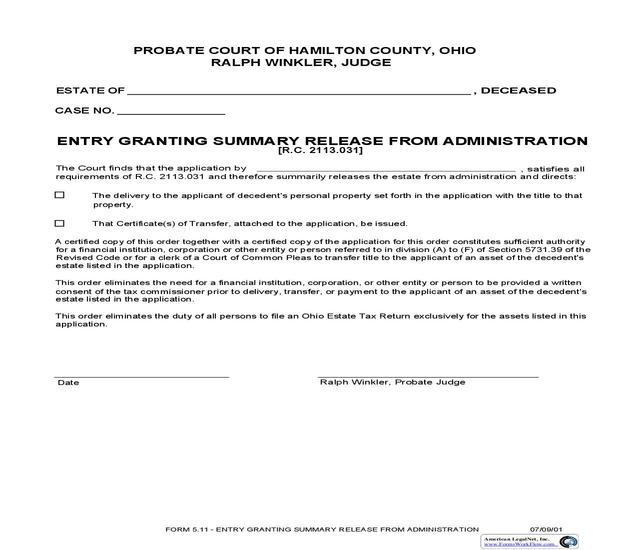 Entry Granting Summary Release From Administration {5.11} | Pdf Fpdf Doc Docx | Ohio