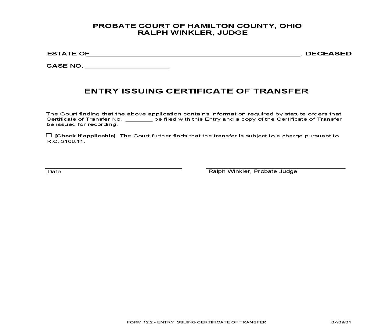 Entry Issuing Certificate Of Transfer {12.2} | Pdf Fpdf Doc Docx | Ohio