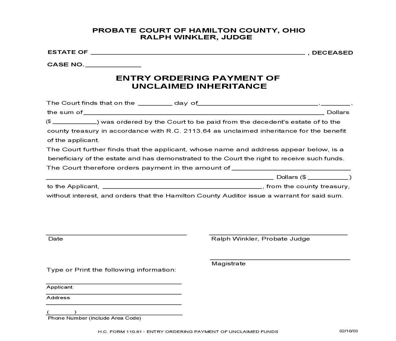 Entry Ordering Payment Of Unclaimed Inheritance {110.61} | Pdf Fpdf Doc Docx | Ohio